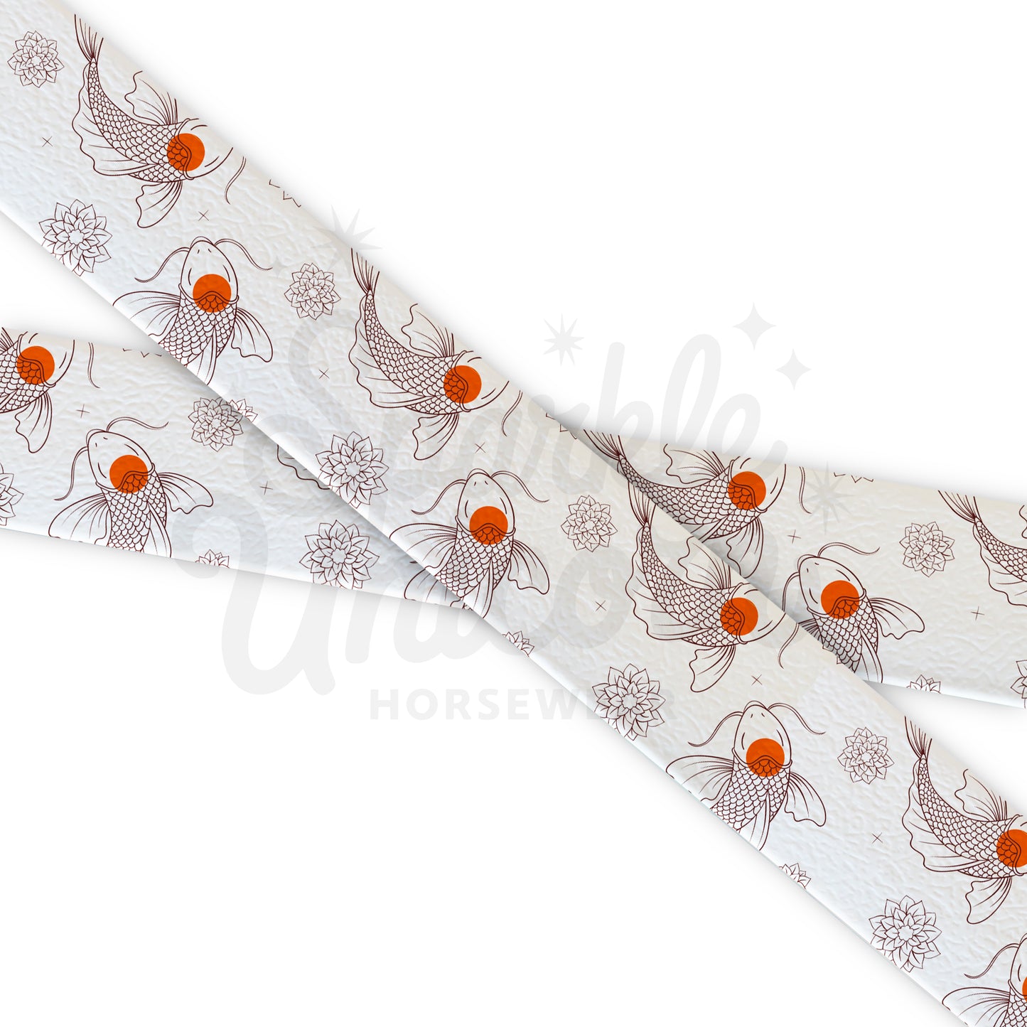 Nasalina Japanese Sensation with koi pattern and orange accents on white Biothane, waterproof and customizable.